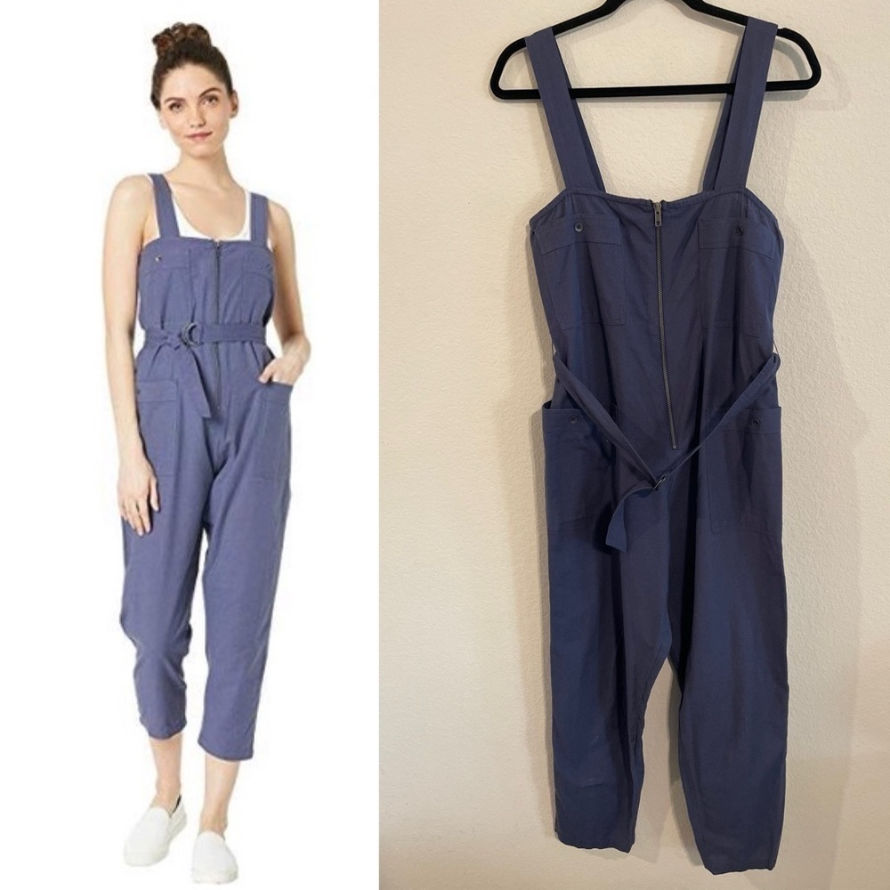 Billabong Women's Jumpsuit Medium Blue Linen Front Light the Night Cottagecore